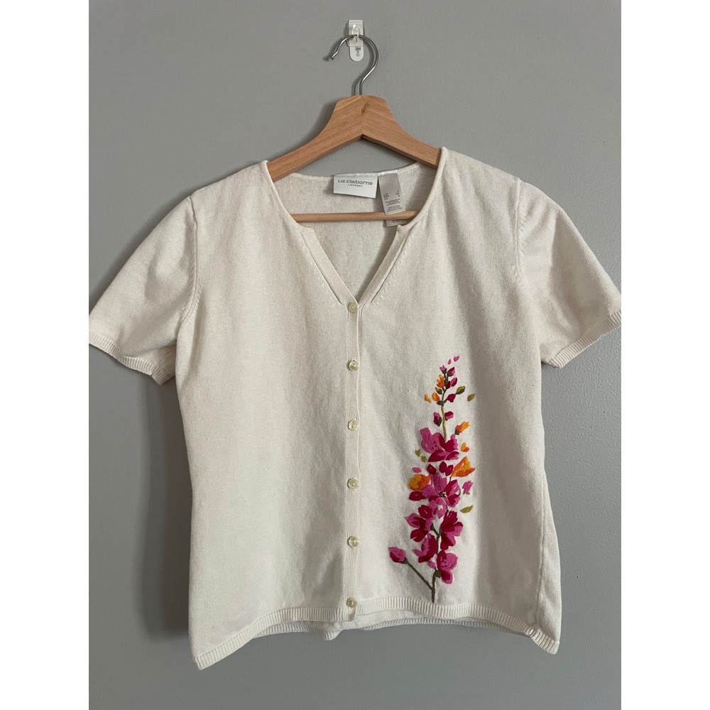 Liz Claiborne Cardigan Womens Small Cream Floral Embroidered Linen Blend Cottage